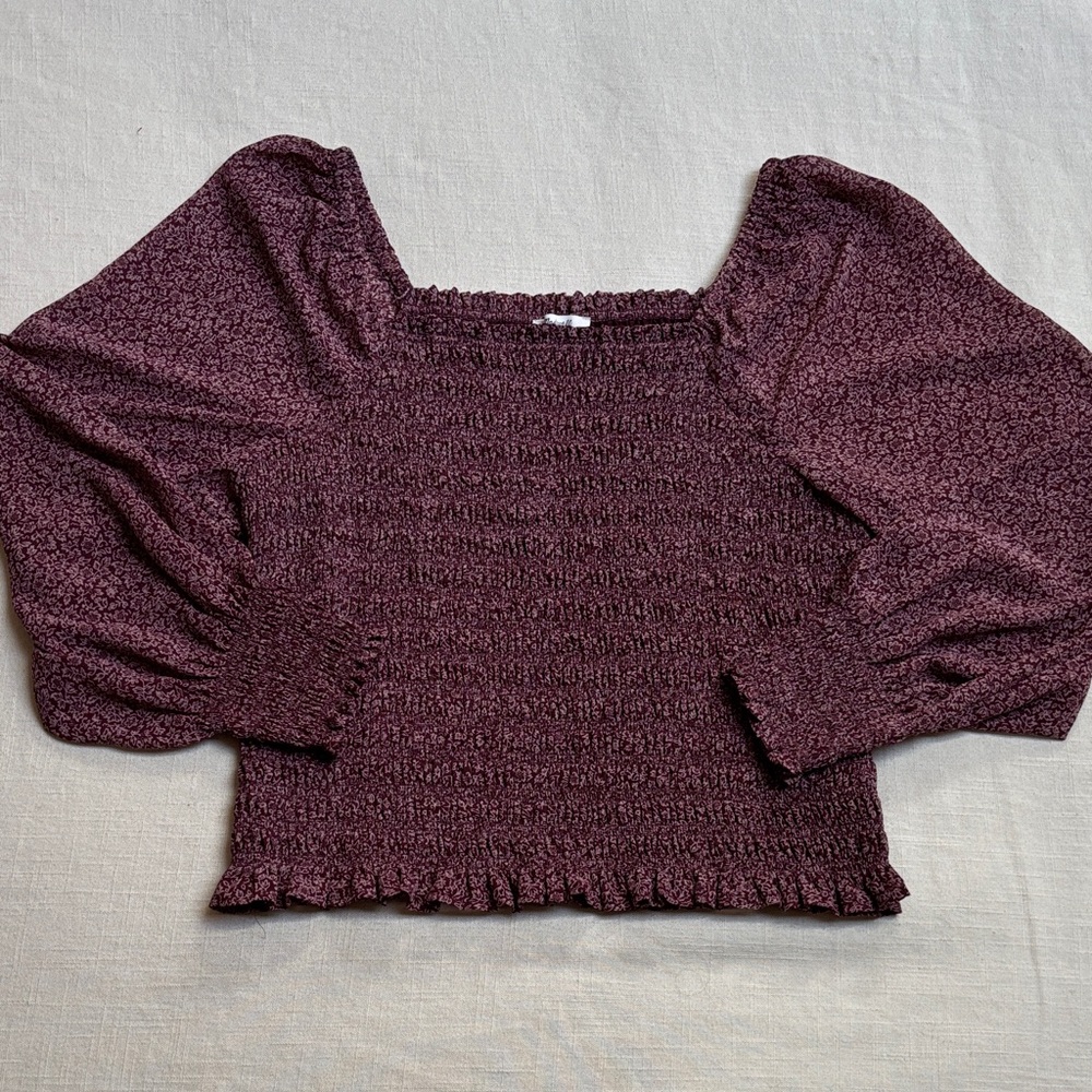 Madewell NWOT Lucie Bubble-Sleeve Smocked Top, Women’s XL, Burgundy/Mulberry